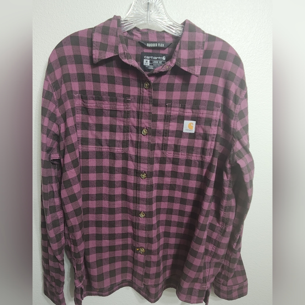 Carhartt Women's Pink and Black Buffalo Check Button-Down Shirt